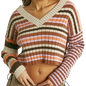 Urban Outfitters BDG Cream Purple Striped V Neck Cropped Ribbed Sweater